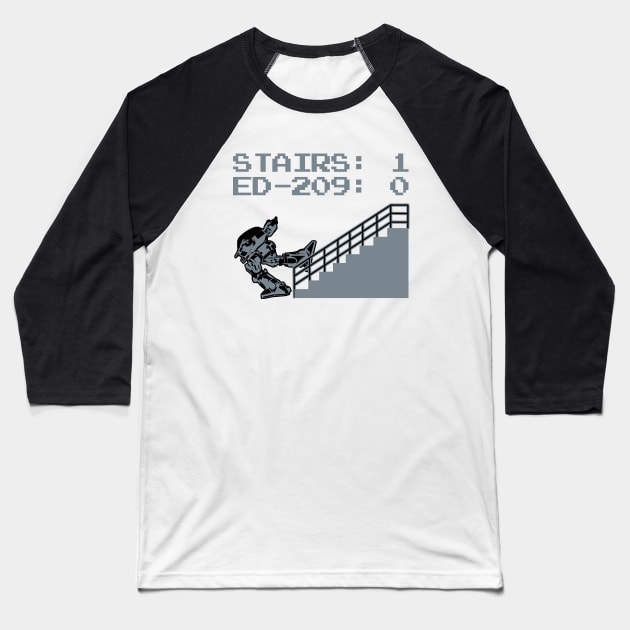 ED-209 vs Stairs Baseball T-Shirt by PopCultureShirts